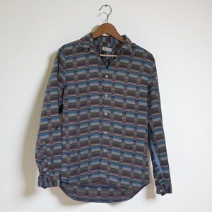 Folk Plaid Denim Trim Button Down Shirt Size Small